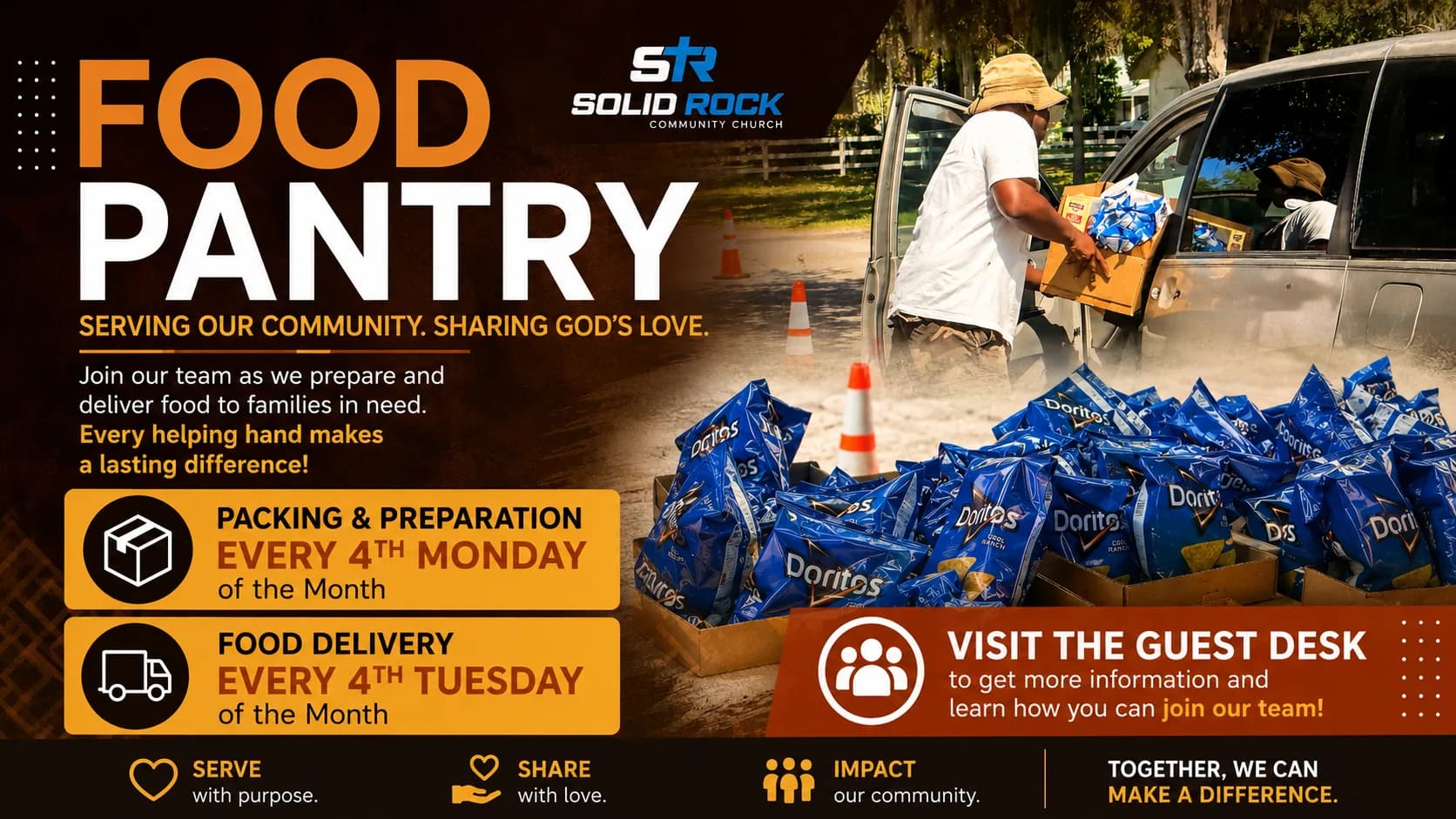 Solid Rock food pantry flyer. Packing and preparation every fourth Monday of the month, food delivery every fourth Tuesday. Volunteers loading boxes of groceries into a vehicle.
